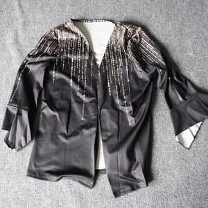 Black Gold Sparkle Shimmer‎ Kimono Jacket Open Front Bell Sleeve M